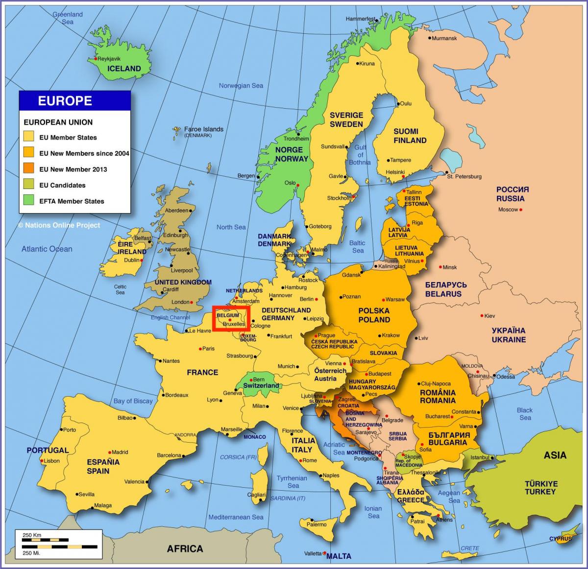 на карте Европы Брюссель